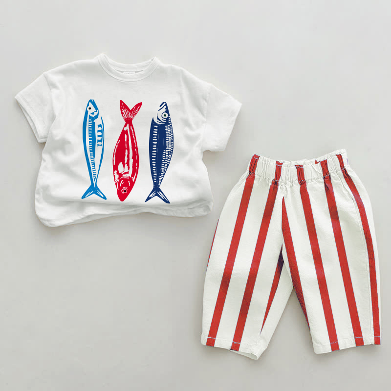Baby Colorful Fishes Red Vertical Striped 2-piece Set - White&Red - 2-3T - image 1