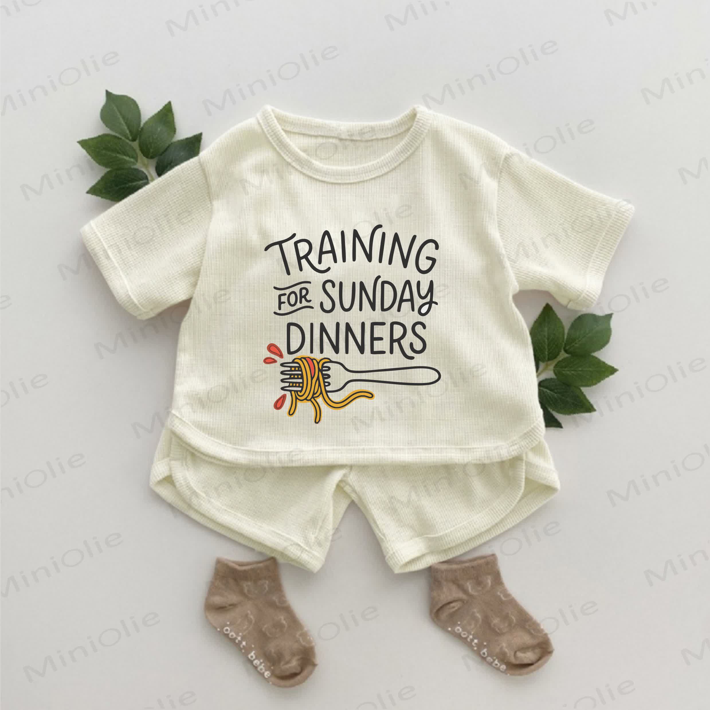 TRAINING FOR SUNDAY DINNERS Baby Pasta Print Waffle 2-piece Set - Apricot - 2-3T - image 1