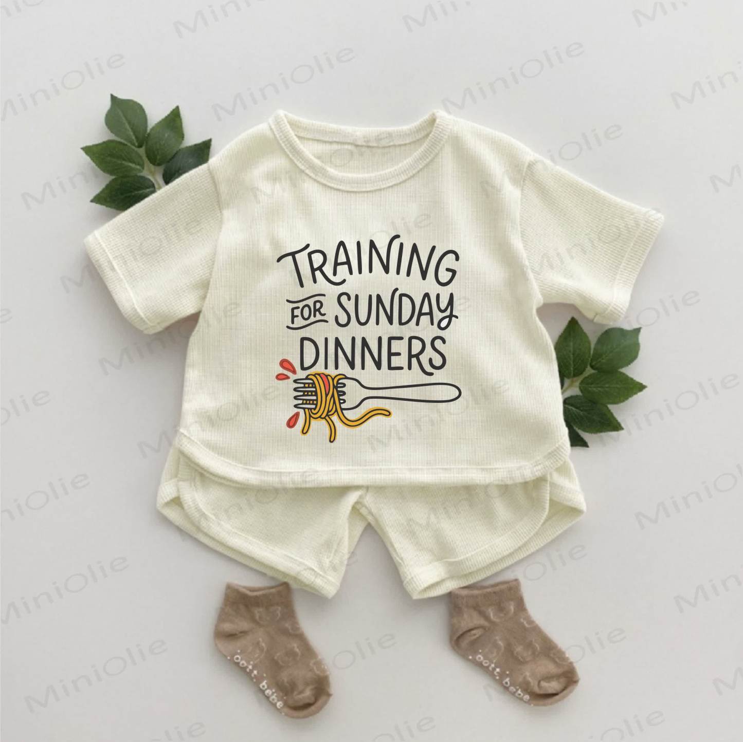 TRAINING FOR SUNDAY DINNERS Baby Pasta Print Waffle 2-piece Set - Apricot - 2-3T - image 1