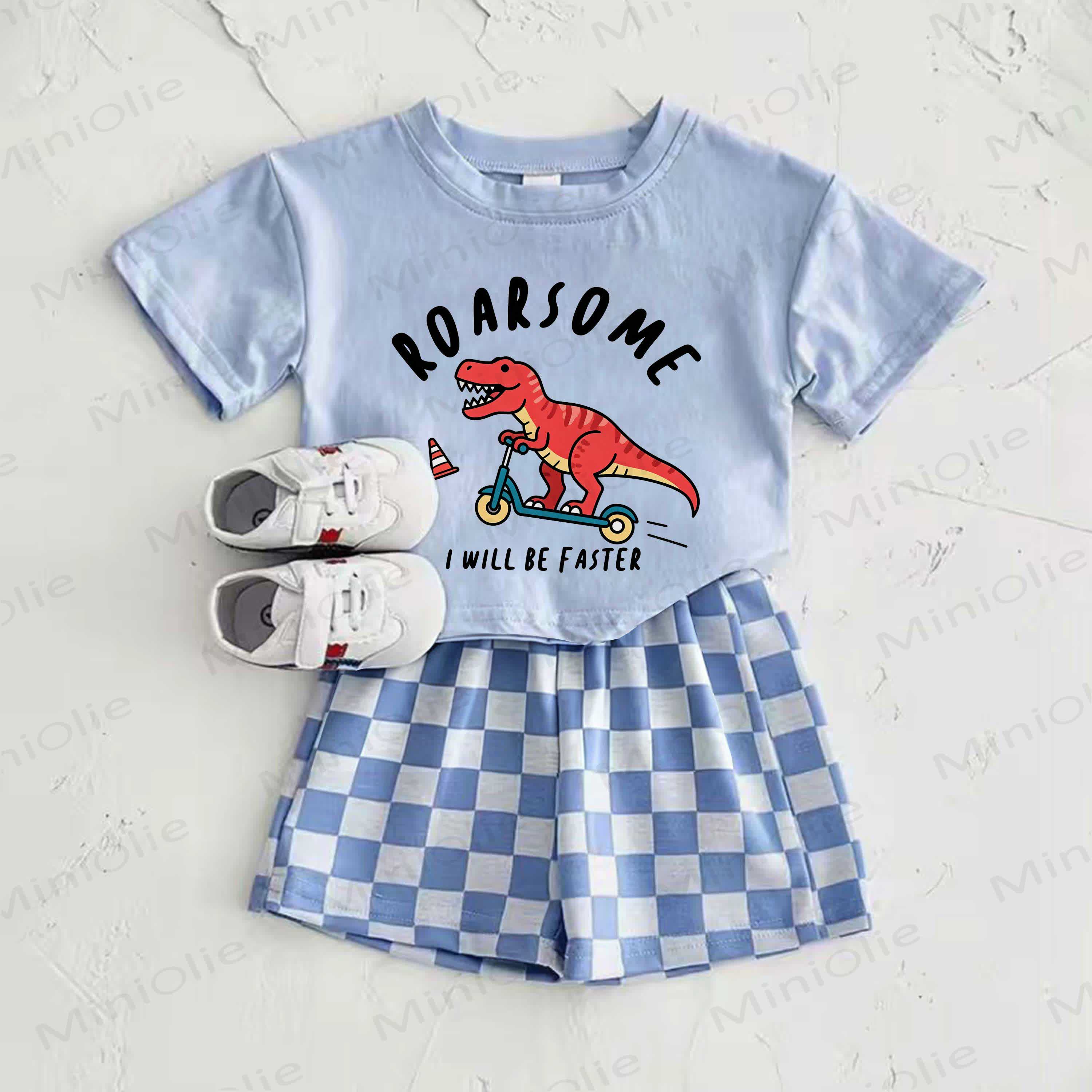 ROARSOME I WILL BE FASTER Baby Blue Dino Print T-shirt and Plaid Pants 2-Piece Set - Blue - 2-3T - image 1
