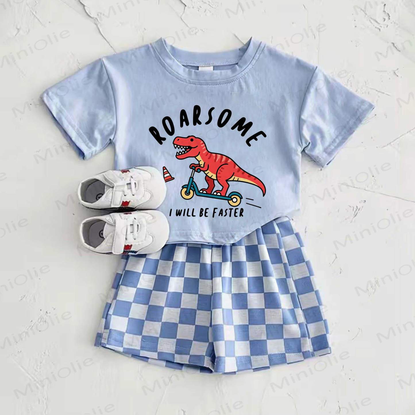 ROARSOME I WILL BE FASTER Baby Blue Dino Print T-shirt and Plaid Pants 2-Piece Set - Blue - 2-3T - image 1