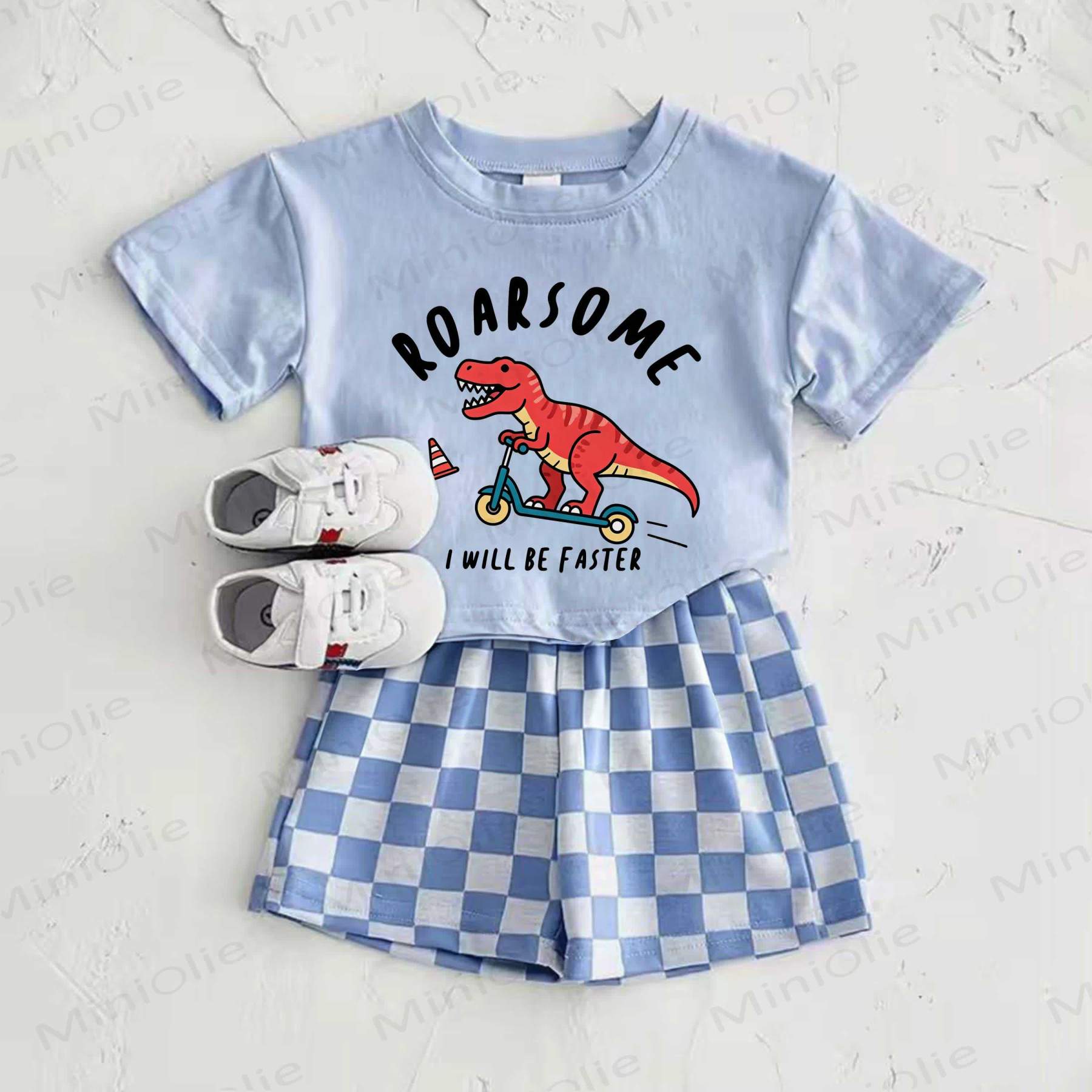 ROARSOME I WILL BE FASTER Baby Blue Dino Print T-shirt and Plaid Pants 2-Piece Set - Blue - 2-3T - image 1
