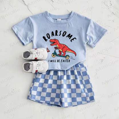 ROARSOME I WILL BE FASTER Baby Blue Dino Print T-shirt and Plaid Pants 2-Piece Set - Blue - 2-3T - image 1