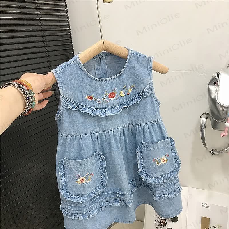 Toddler Denim Embroidered Mushroom Dress - image 4