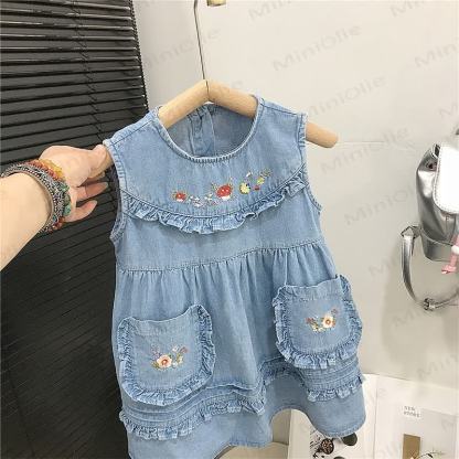 Toddler Denim Embroidered Mushroom Dress - image 4