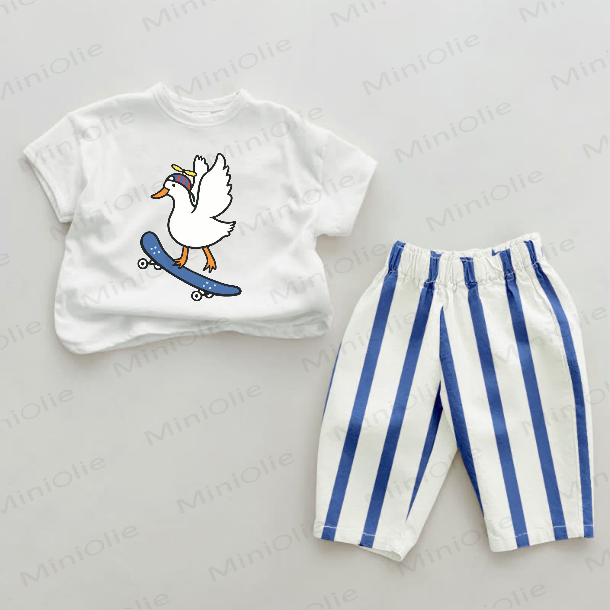Baby Skateboard Duck Print Blue Vertical Striped 2-piece Set - White&Blue - 2-3T - image 1