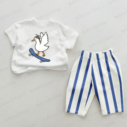 Baby Skateboard Duck Print Blue Vertical Striped 2-piece Set - White&Blue - 2-3T - image 1