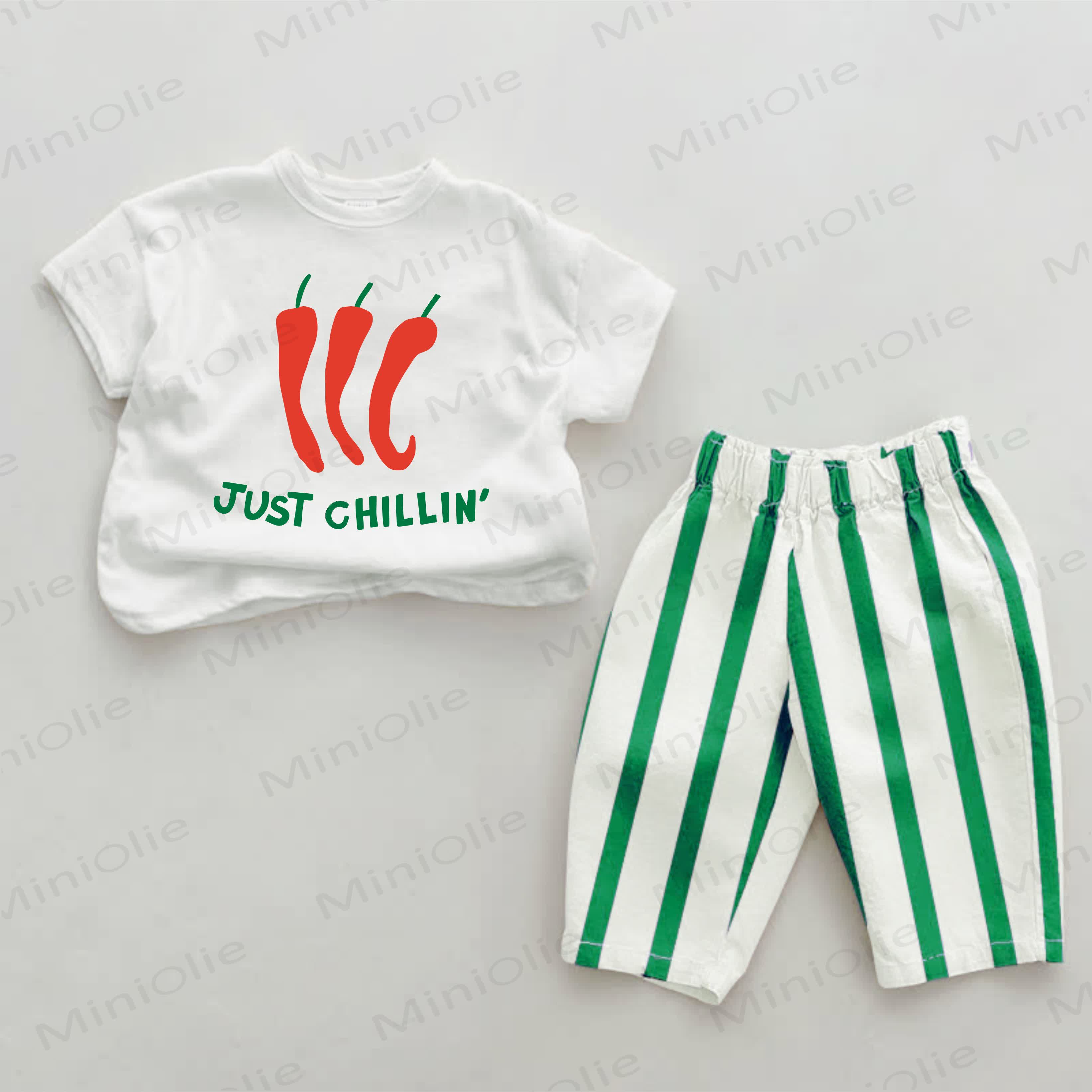 JUST CHILLIN' Baby Green Chili Print Vertical Striped 2-piece Set - White&Green - 2-3T - image 1