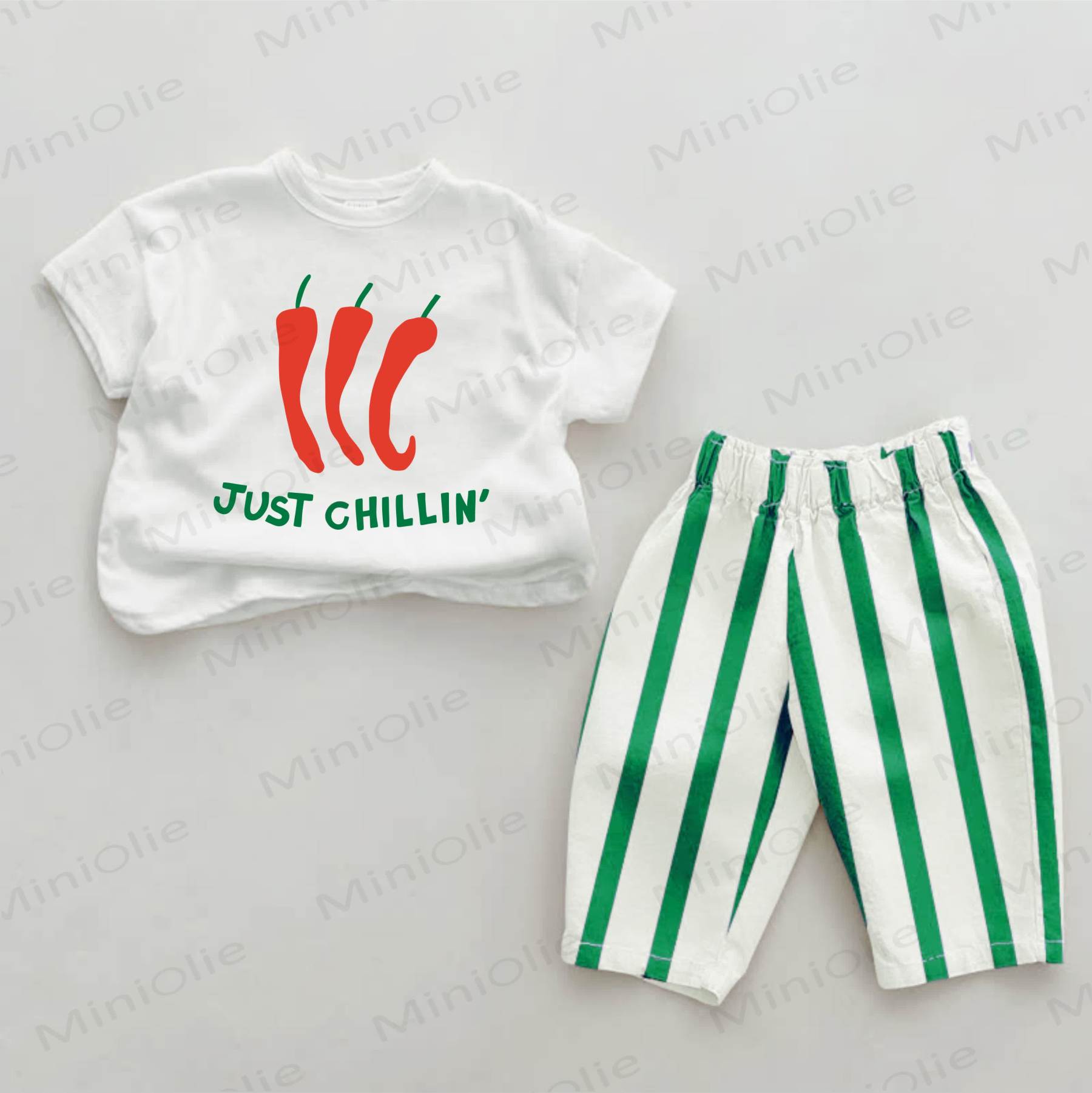 JUST CHILLIN' Baby Green Chili Print Vertical Striped 2-piece Set - White&Green - 2-3T - image 1