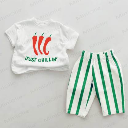 JUST CHILLIN' Baby Green Chili Print Vertical Striped 2-piece Set - White&Green - 2-3T - image 1