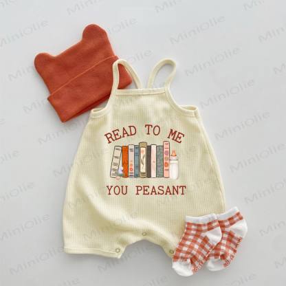 READ TO ME YOU PEASANT Baby Waffle Suspenders Books Print Romper - Beige - 18-24M - image 1