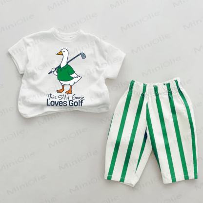 THIS SILLY GOOSE LOVES GOLF Baby Green Vertical Striped 2-piece Set - White&Green - 2-3T - image 1