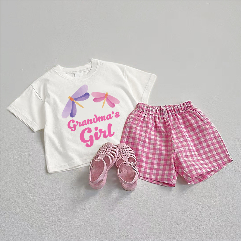 GRANDMA'S GIRL Baby Tee and Plaid Shorts 2-Piece Set - White&Pink - 3-5T - image 1