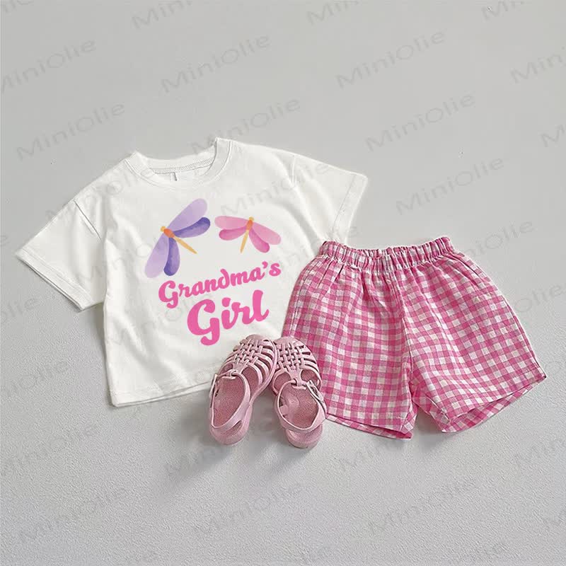 GRANDMA'S GIRL Baby Tee and Plaid Shorts 2-Piece Set - White&Pink - 3-5T - image 1