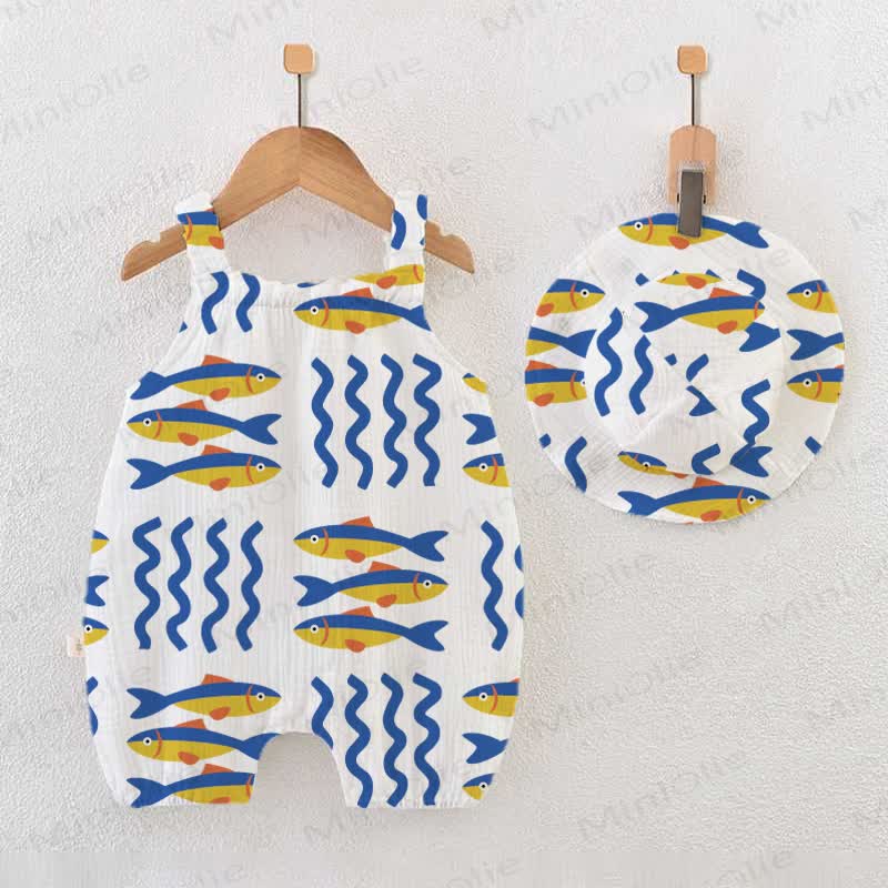 Baby White Sardines Print Romper with Hat - White - 18-24M - image 1