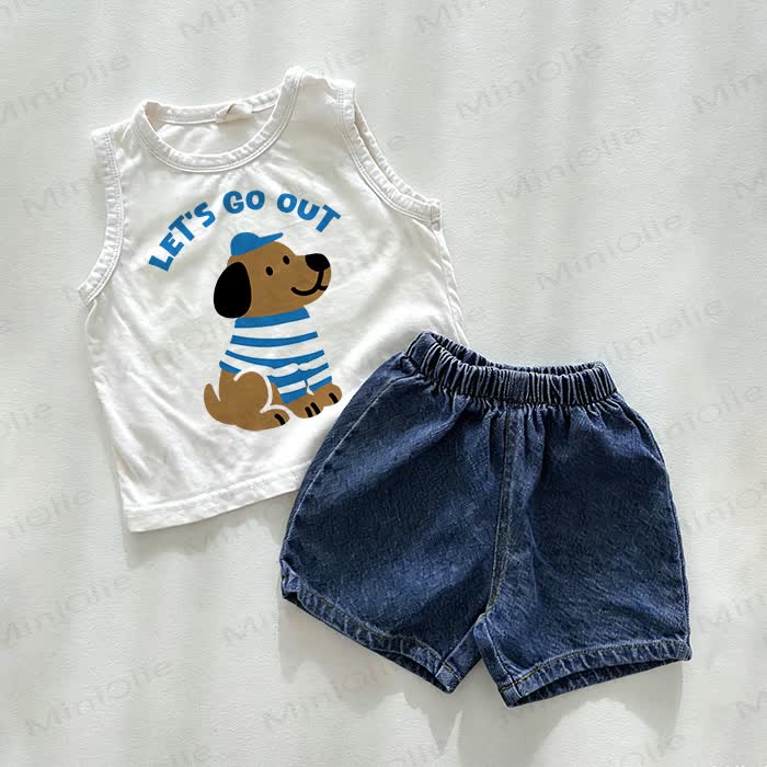 LET'S GO OUT Baby Dog Print Denim Shorts 2-Piece Set - White&Blue - 3-5T - image 1