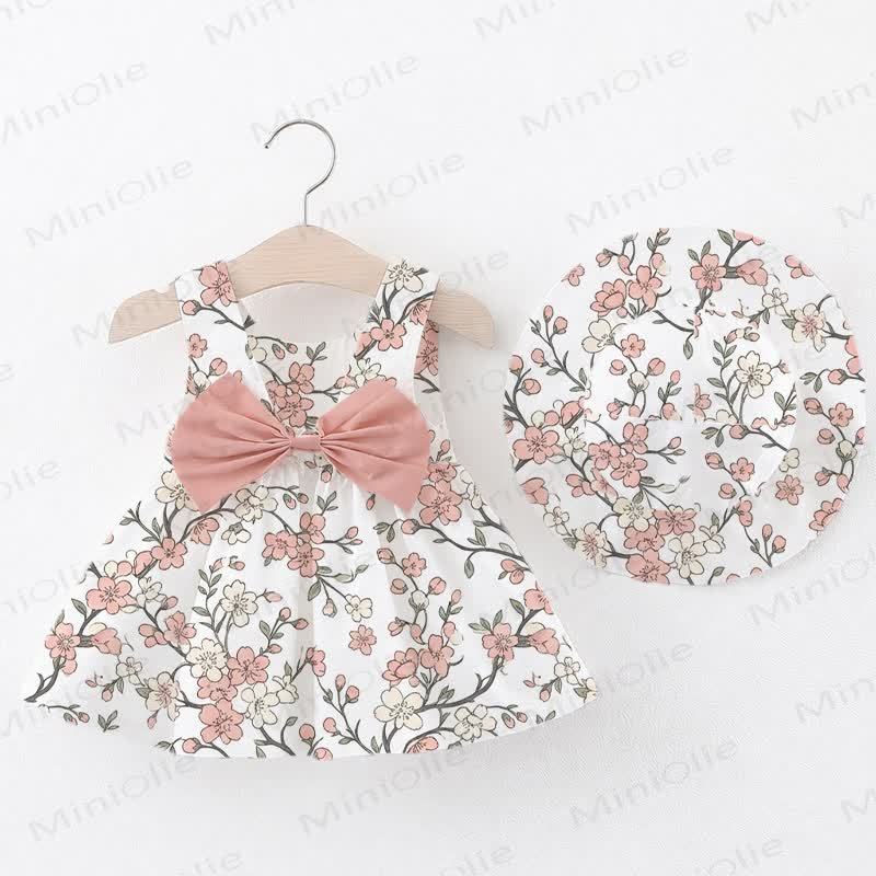 Baby Toddler Floral Print Bow Sleeveless Dress with Hat - White - 2-3T - image 1