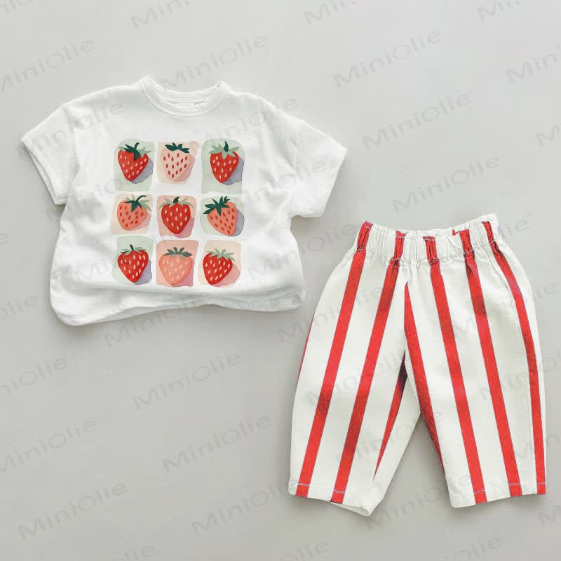 Baby Nine-grid Strawberry Red Vertical Striped 2-piece Set - White&Red - 2-3T - image 1