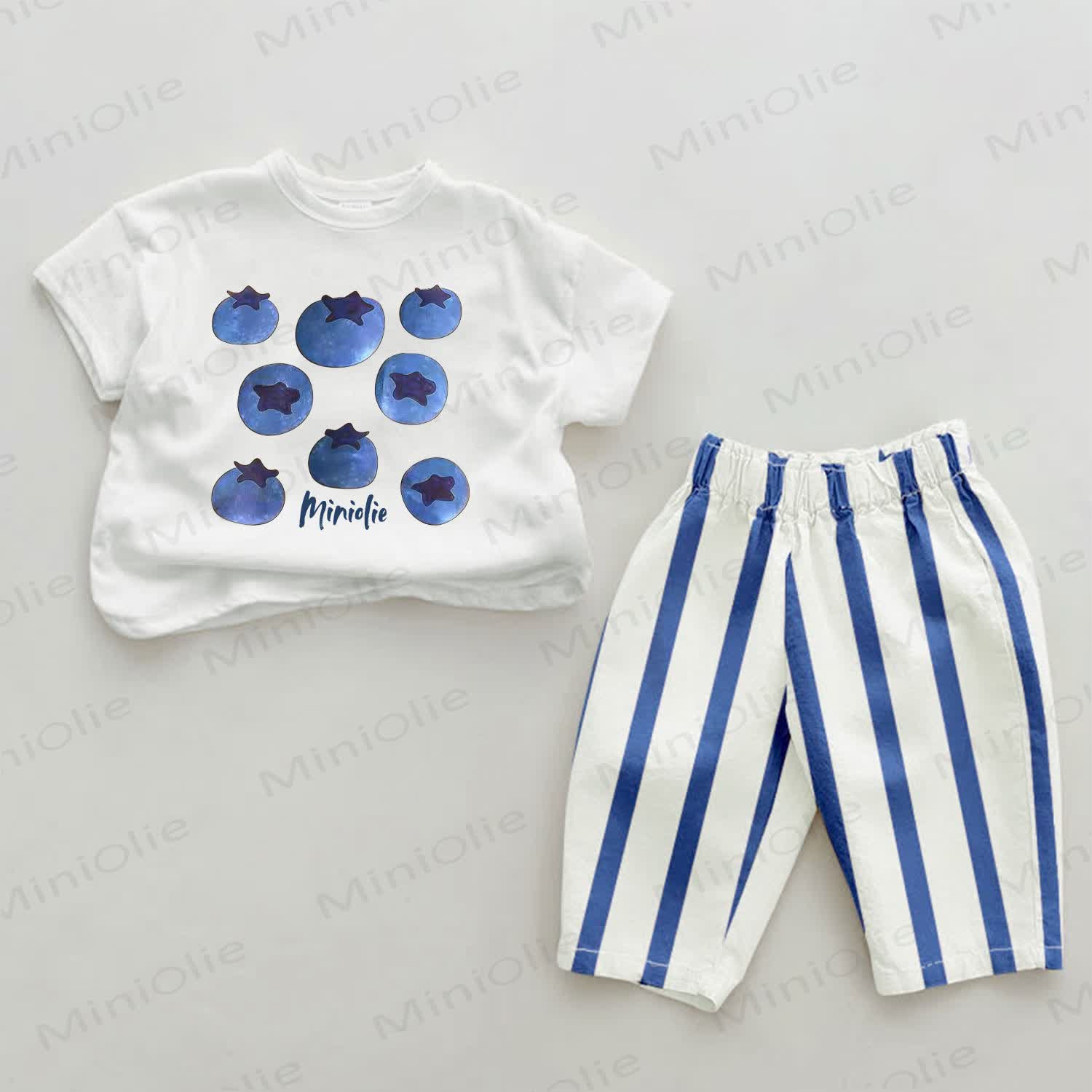 MINIOLIE Baby Blue Blueberry Print Vertical Striped 2-piece Set - White&Blue - 2-3T - image 1