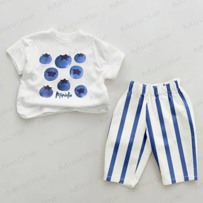 MINIOLIE Baby Blue Blueberry Print Vertical Striped 2-piece Set - White&Blue - 2-3T - image 1
