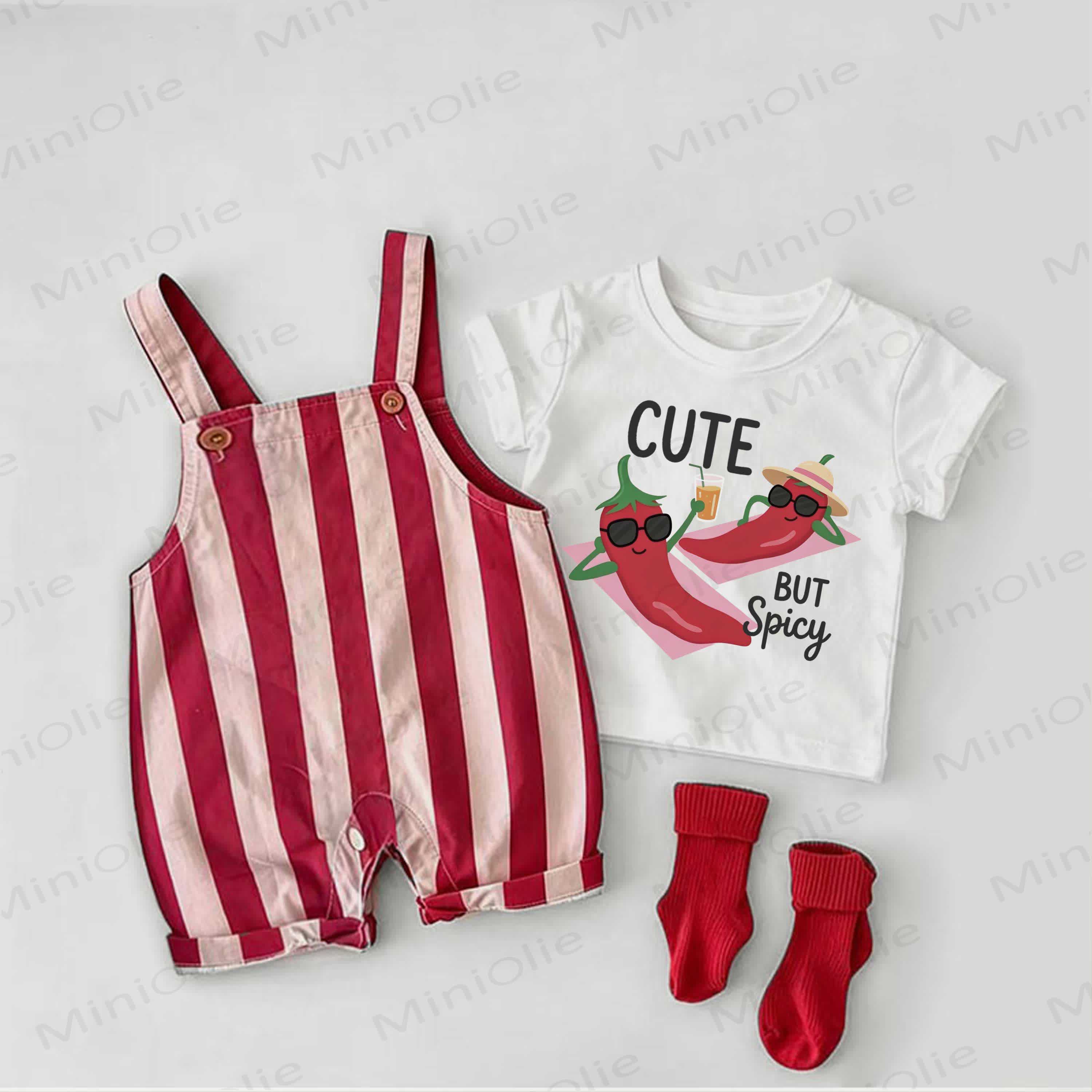CUTE BUT SPICY Baby Chili Print Red Stripe Overalls and White Tee 2-piece Set - White&Red - 2-3T - image 1