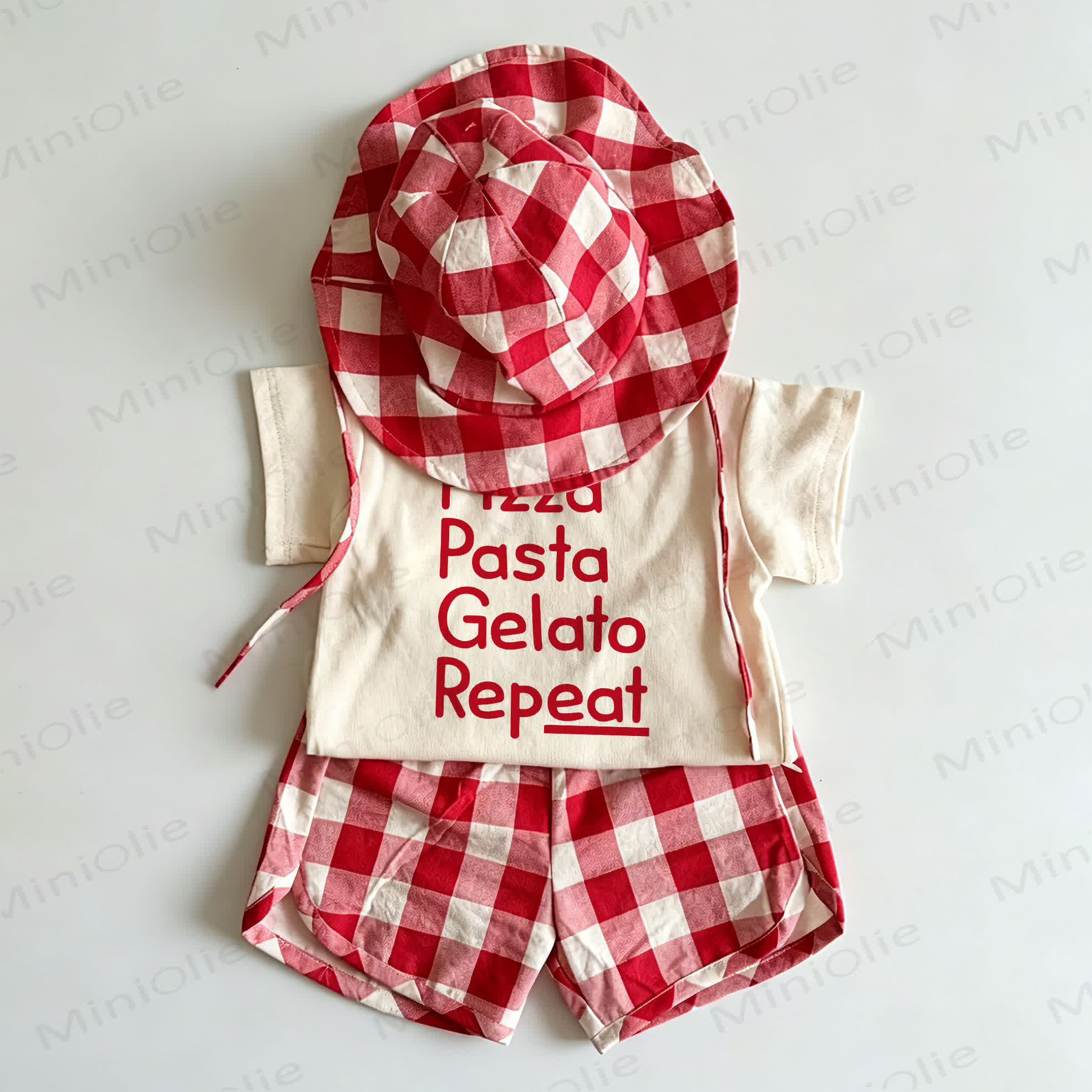 PIZZA PASTA GELATO REPEAT Toddler Slogan Red Plaid 2-piece Set with Hat - White&Red - 6-7T - image 1