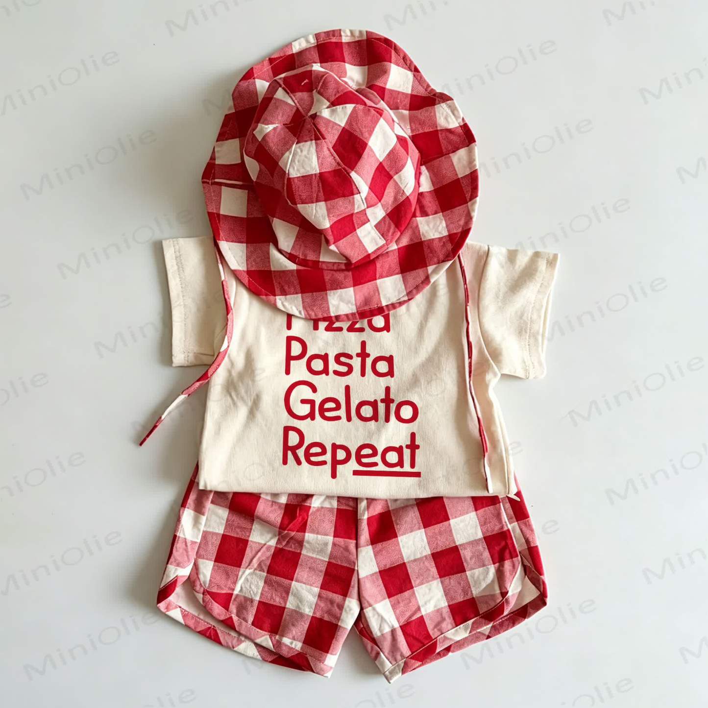PIZZA PASTA GELATO REPEAT Toddler Slogan Red Plaid 2-piece Set with Hat - White&Red - 6-7T - image 1