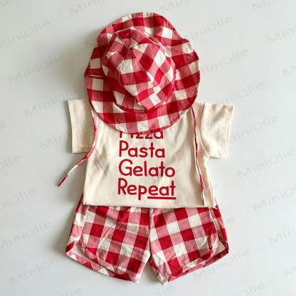 PIZZA PASTA GELATO REPEAT Toddler Slogan Red Plaid 2-piece Set with Hat - White&Red - 6-7T - image 1