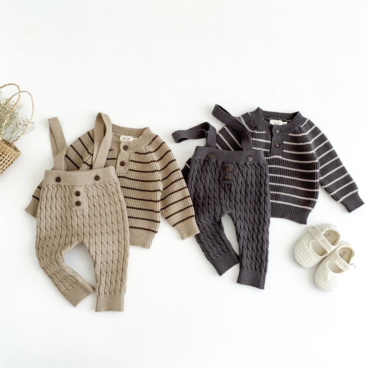 Baby Button Broad-striped Knitted Sweater Overalls