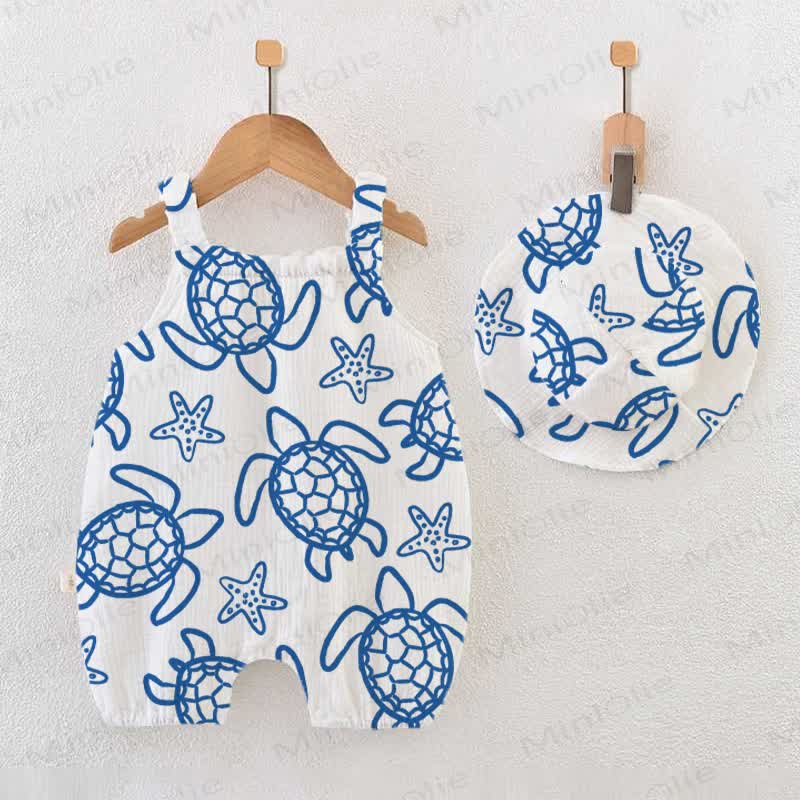 Baby Sea Turtles and Starfish Print Romper with Hat - White - 18-24M - image 1