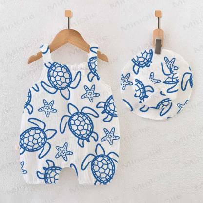 Baby Sea Turtles and Starfish Print Romper with Hat - White - 18-24M - image 1