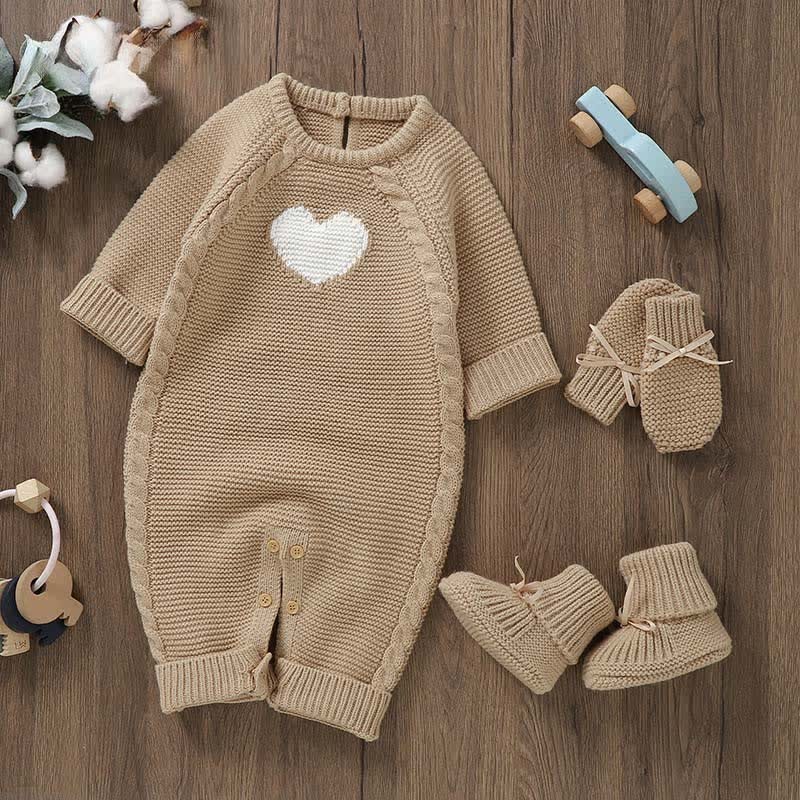 Baby Heart Knit Romper with Socks Gloves - Khaki - 12-18M - image 6