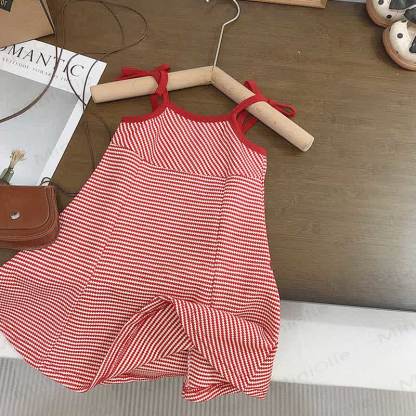 Toddler Red Bow Striped Suspenders Dress - image 2