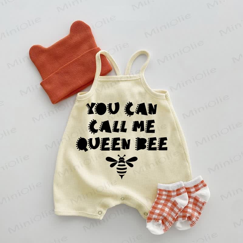 YOU CAN CALL ME QUEEN BEE Baby Waffle Suspenders Bee Print Romper - Beige - 18-24M - image 1
