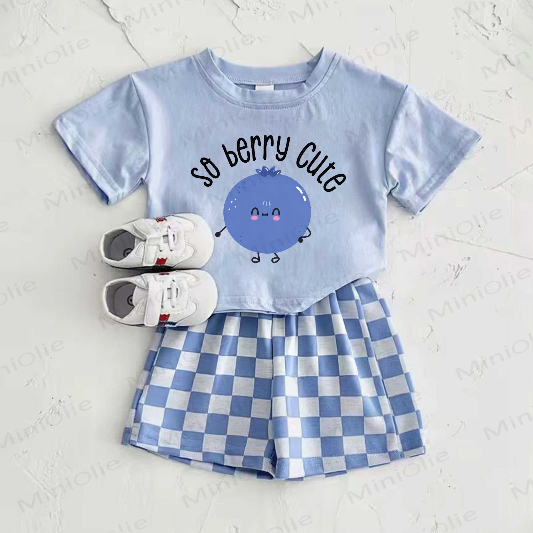 SO BERRY CUTE Baby Blue Blueberry Print T-shirt and Plaid Pants 2-Piece Set - Blue - 2-3T - image 1