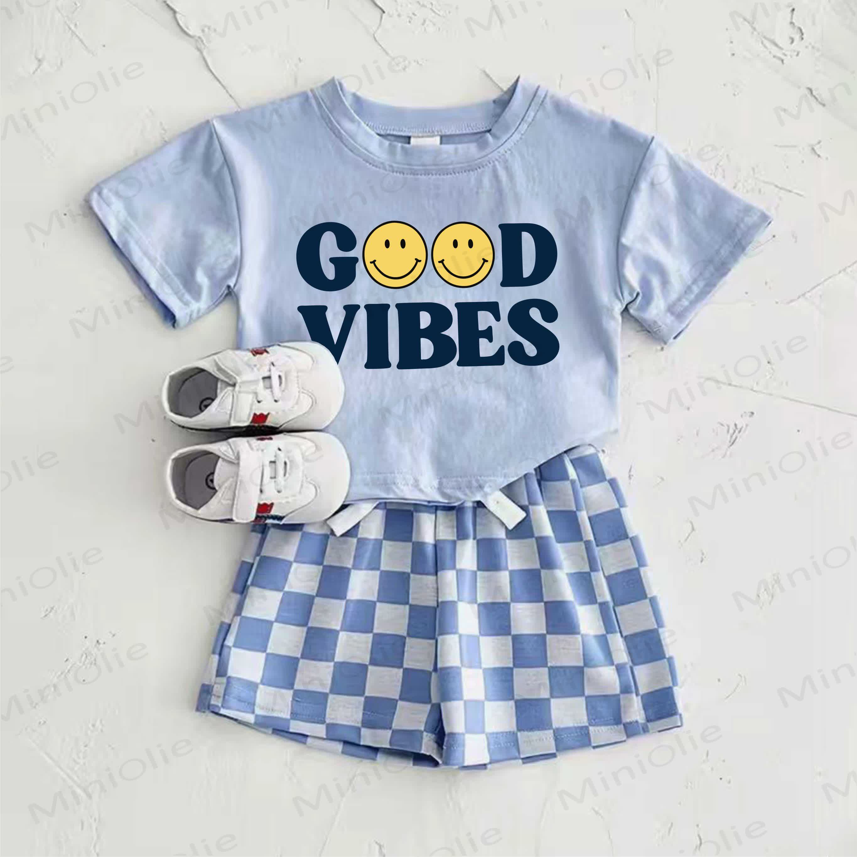 GOOD VIBES Baby Blue Smiley Face Print T-shirt and Plaid Pants 2-Piece Set - Blue - 2-3T - image 1