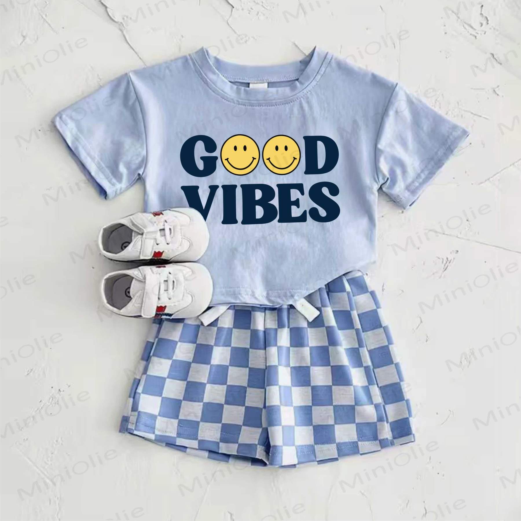 GOOD VIBES Baby Blue Smiley Face Print T-shirt and Plaid Pants 2-Piece Set - Blue - 2-3T - image 1