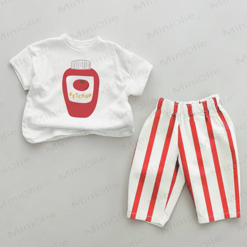KETCHUP Baby Red Striped Pants 2-piece Set - White&Red - 2-3T - image 1