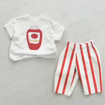 KETCHUP Baby Red Striped Pants 2-piece Set - White&Red - 2-3T - image 1