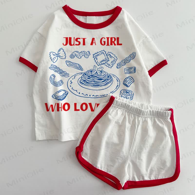 JUST A GIRL WHO LOVE PASTA Baby T-shirt and Shorts 2-Piece Set - White&Red - 3-5T - image 1