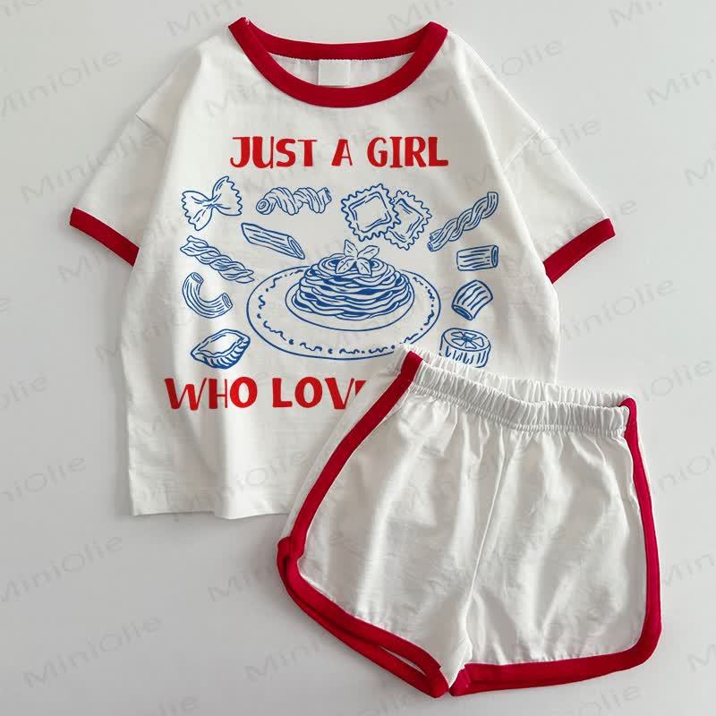 JUST A GIRL WHO LOVE PASTA Baby T-shirt and Shorts 2-Piece Set - White&Red - 3-5T - image 1