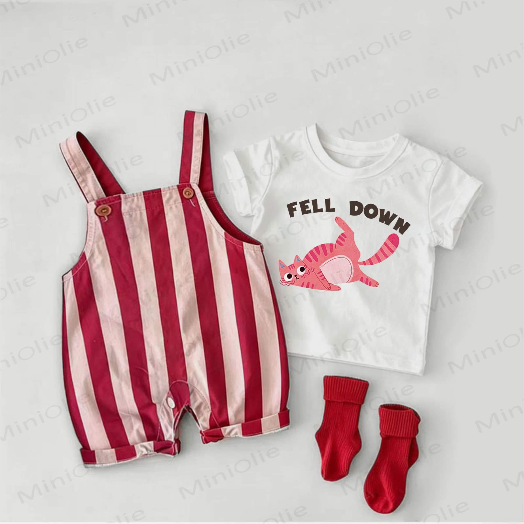 FELL DOWN Baby Cat Print Red Stripe Overalls and White Tee 2-piece Set - White&Red - 2-3T - image 1