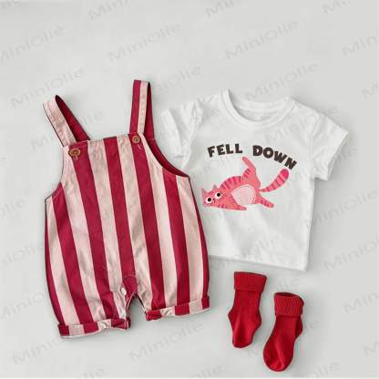 FELL DOWN Baby Cat Print Red Stripe Overalls and White Tee 2-piece Set - White&Red - 2-3T - image 1