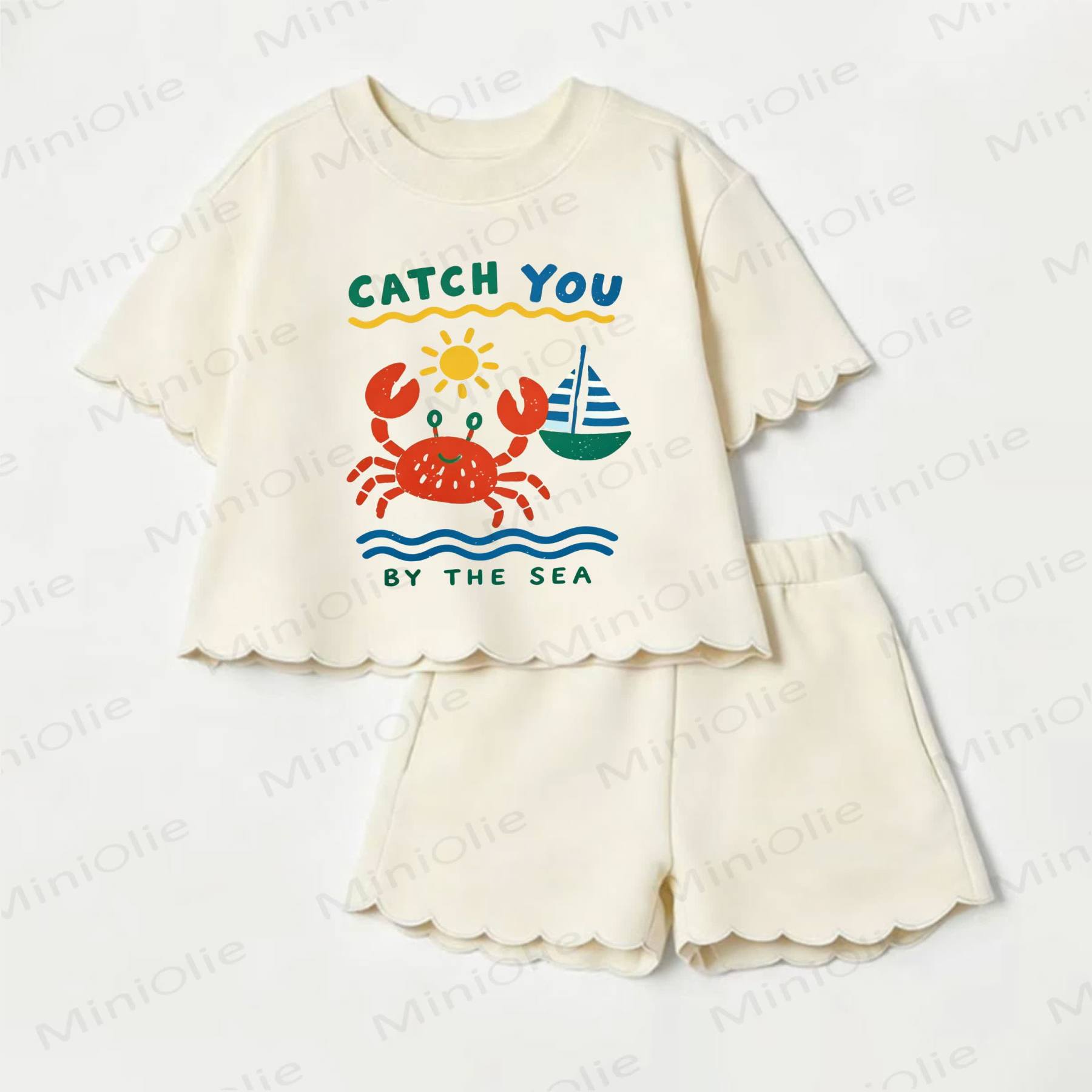 CATCH YOU BY THE SEA Baby Crab Print Scalloped Edge T-shirt and Shorts 2-Piece Set - Beige - 3-4T - image 1