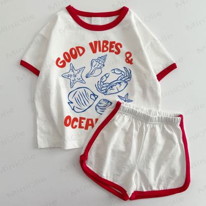 GOOD VIBES & OCEAN TIDES Baby T-shirt and Shorts 2-Piece Set - White&Red - 3-5T - image 1