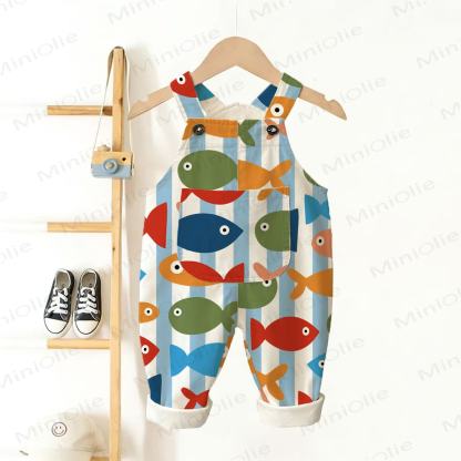 Baby Toddler Fish Print Blue Stripes Overalls - White - 3-5T - image 1