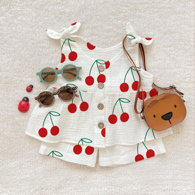 Baby Girl Cherry Print Suspenders 2-piece Set - Beige - 2-3T - image 1