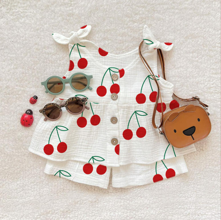 Baby Girl Cherry Print Suspenders 2-piece Set - Beige - 2-3T - image 1
