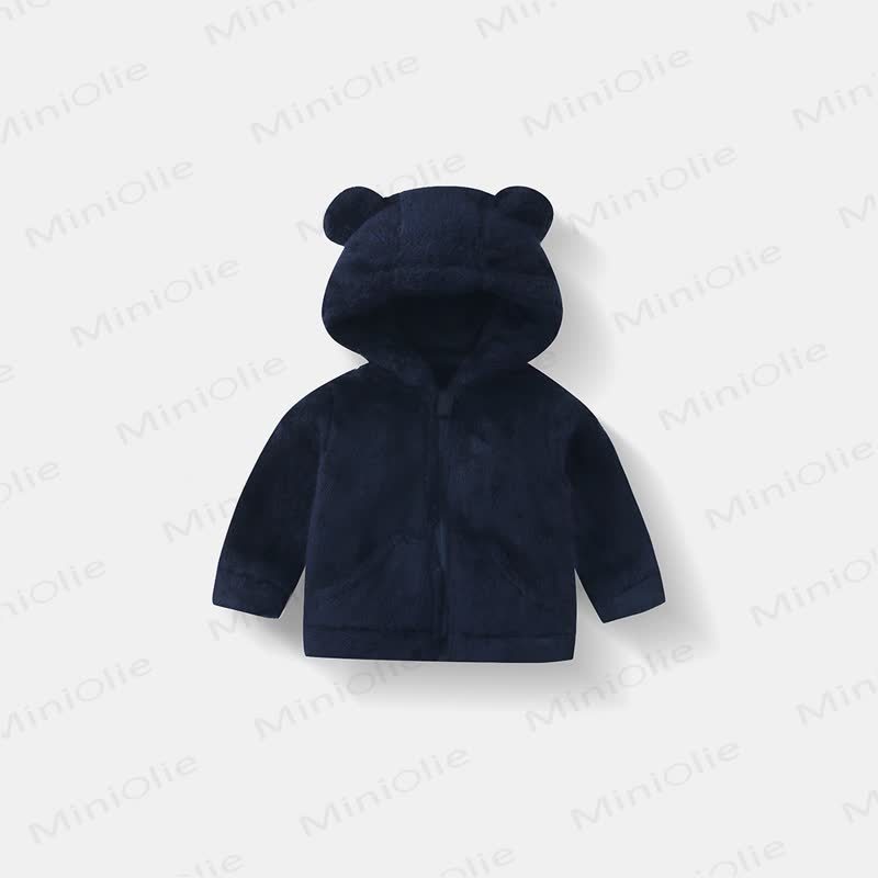Baby Toddle Hooded Solid Color Fleece Outerwear - Navy Blue - 5-7T - image 7