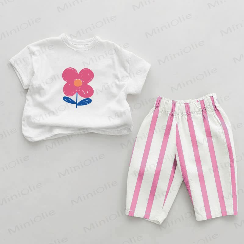 Baby Girl Flower Pink Vertical Striped 2-piece Set - White&Pink - 2-3T - image 1